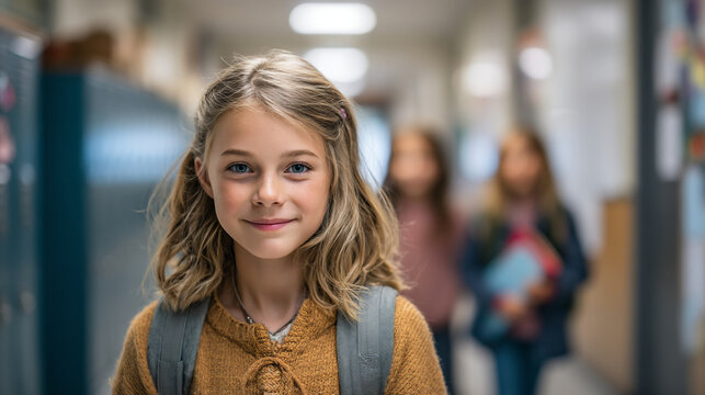 Portrait of a smiling girl with backpack in school hallway with other students