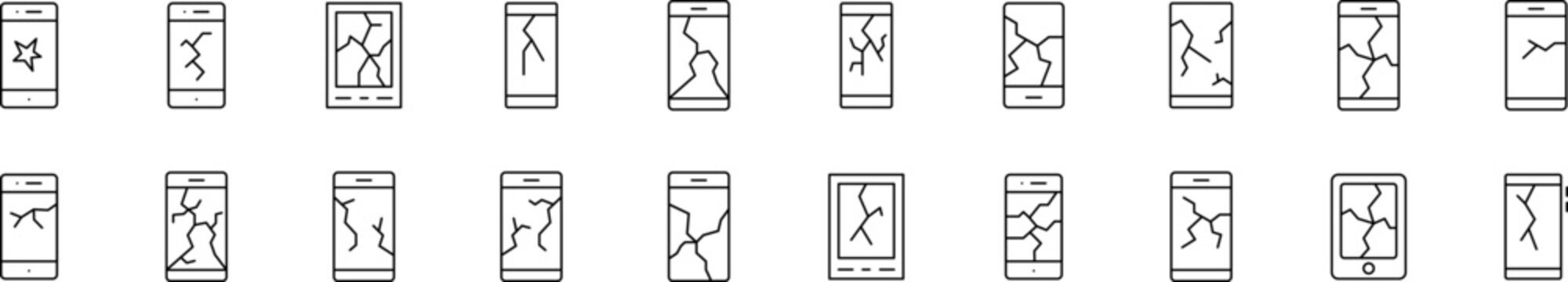 Pack of Phone Related Line Icons. Broken Phone Outline Signs for Graphic and Web Design, Apps, Adverts, Various Cards