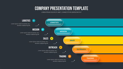 Service Launch Frame Design Vector Illustration. Financial Development 5 Element Diagram Presentation Layout. Corporate Performance Five Option Infographic Slideshow Template.