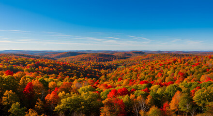 Spectacular Autumn Foliage Views of Rolling Hills Under a Bright Blue Sky in the Beautiful Northeast Region