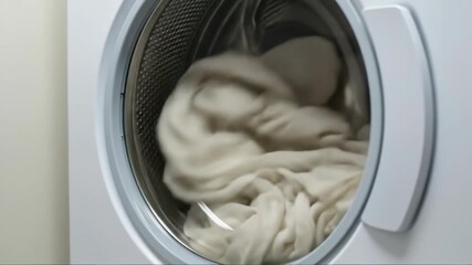 The drum of the washing machine rotates with white clothes inside, caught in motion. This video conveys a sense of cleanliness and maintenance of a house suitable for laundry and household appliances. - Powered by Adobe