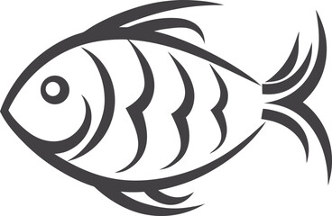 Hand drawn fish icon vector illustration, simple black and white line art, minimalist aquatic animal symbol, clean design for seafood, fishing, and marine projects