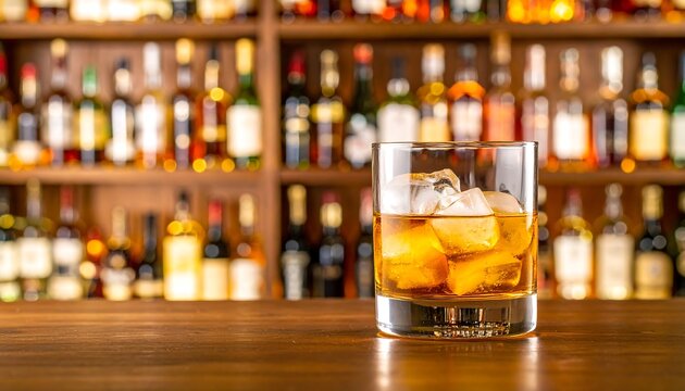 Whiskey drink on wooden bar counter