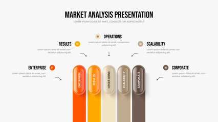 Project Performance Presentation Template Vector Illustration. Consulting Showcase Five Step Diagram Frame Design. Product Report 5 Option Infographic Slide Layout.