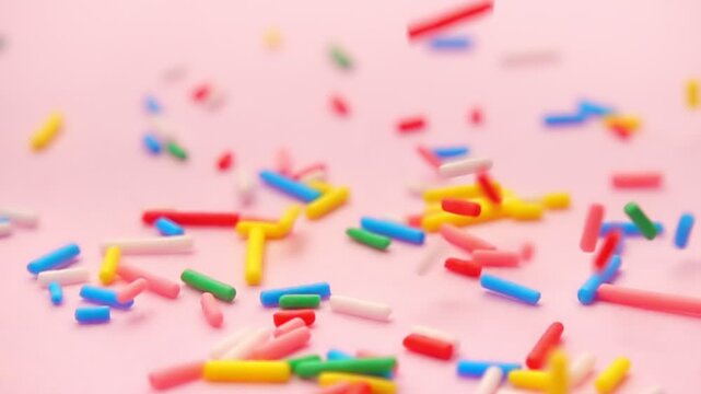 rainbow hued sprinkles descending softly against tranquil pink background, embodying spirit of joy and celebration, super slow motion