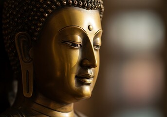 Golden Buddha Face with Warm Bokeh Lights