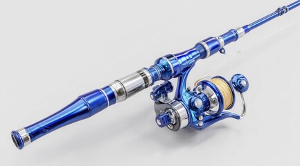 Sleek blue fishing rod and reel combo, metallic accents, spinning reel with beige spool, angled on white background