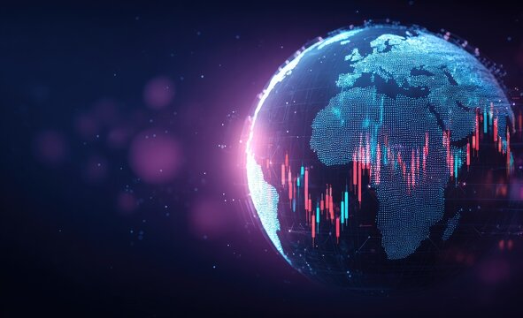 Global financial market, digital Earth with trading charts