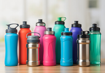Assorted reusable water bottles for sports and fitness hydration