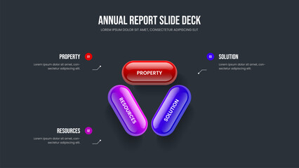 Modern Launch Presentation Template Vector Illustration. Financial Analysis 3 Step Infographic Slide Layout. Company Performance Three Option Diagram Slideshow Design.