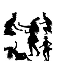 Tahitian hula dancing performance, female traditional dancer pose silhouette