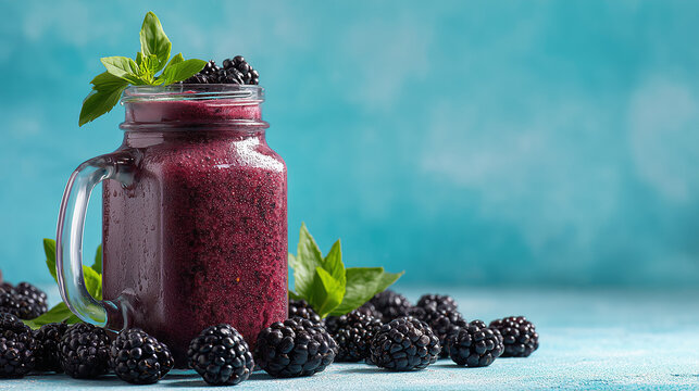The scene shows delicious blackberry smoothie in mason jar on light blue background, space for text.

