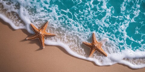Top view of starfish on sandy beach with sea background. Summer holiday sand and beach