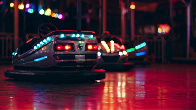 Neon bumper car glowing on polished arena floor at night, vibrant cinematic style; concept: fun, speed and amusement; great for festival ads, family entertainment and ticket promos