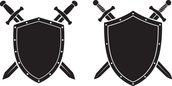 Two crossed swords behind shields silhouette