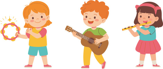 Group of happy kids playing musical instruments, music education, children with guitar, flute, tambourine, fun music learning illustration