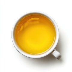 Overhead view of a full, white mug of light yellow tea, set against a bright white background.  The tea's surface shows subtle reflections
