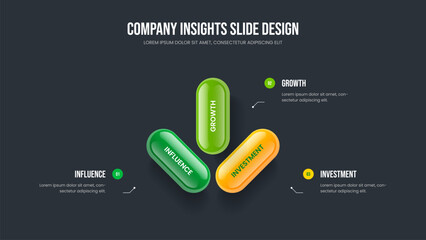 Enterprise Strategy 3 Element Diagram Frame Template. Company Report Slideshow Design Vector Illustration. Marketing Briefing Three Step Infographic Presentation Layout.
