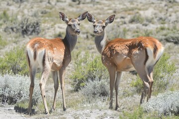 Fototapeta premium Two Spotted Deer in Patagonian Landscape