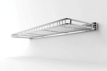 Sleek, chrome-plated, wall-mounted wire shelf with a rectangular design and minimalist aesthetic, offering ample storage space