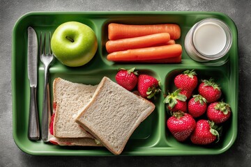 Overhead view of a green tray containing a peanut butter sandwich, apple, baby carrots, strawberries, and milk
