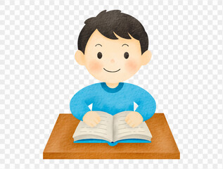 Watercolor boy reading book student learning illustration.vector