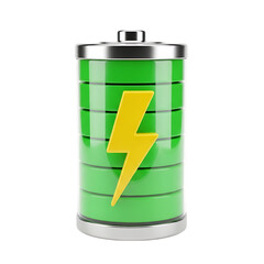 Green battery with yellow lightning bolt symbol isolated on transparent background