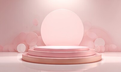Three-tiered pastel pink circular podium, centered against a backdrop of blurred pink and white circles, illuminated by soft light