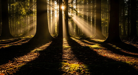 Golden light whisking through a mystical forest, illuminating ancient trees and creating breathtaking shadow play on the tranquil woodland floor, a serene natural escape.