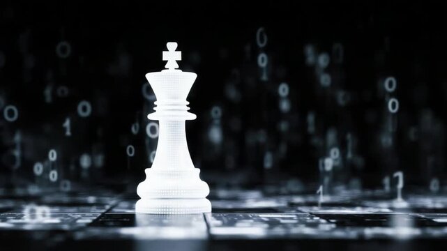 Digital Chess Strategy Concept with Binary Numbers and a King Chess Piece Illustrating Technology and Intelligence 4k video footage