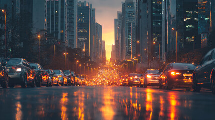 Heavy traffic is stalled during rush hour on a wet city street, reflecting the bright sunset and city lights. Tall skyscrapers loom in the background.