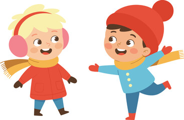 Happy kids playing in winter clothes, boy and girl smiling, cold weather, winter fun, children wearing scarves, hats, gloves, joyful outdoor activity