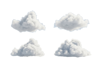 Ultra-realistic UHD, high-angle commercial shot of four distinct fluffy white cumulus clouds, unique soft edges, varied textures, grid arrangement against a serene sky and transparent plain,