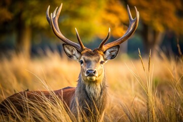 A beautiful deer portrait, with large antlers, is looking.