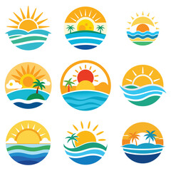 Collection of nine vibrant tropical sunset beach vacation destination logo icons