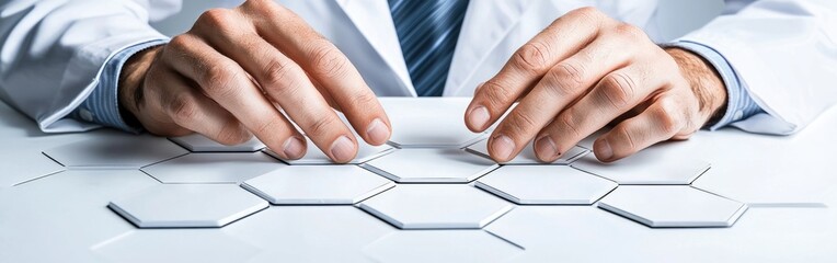 Obraz premium A scientist arranging hexagonal tiles on a smooth surface in a laboratory environment for research purposes.