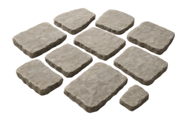 Irregularly shaped grey stone paving slabs for garden paths.