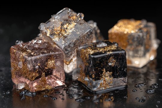 Translucent cubic resin art pieces, embedded with gold leaf, rest on a dark, wet surface; water droplets are visible