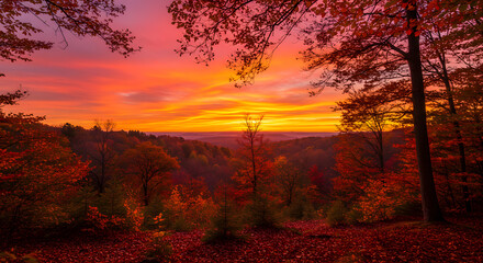 Fototapeta premium Spectacular Autumnal Panorama: A Breathtaking Display of Fiery Colors at Sunset Through the Leafy Forest Canopy.