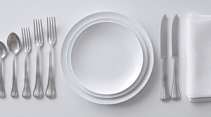 Overhead view of a minimalist place setting three white plates, silver cutlery (fork, knife, spoon), and a folded napkin on a white surface