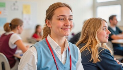 Obraz premium Smiling female student in classroom during a lesson with peers 