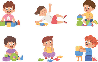 Happy kids playing with toys, colorful educational puzzle, preschool children learning, creative activities, childhood development, indoor fun, kindergarten playtime illustration