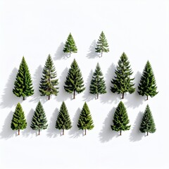 Obraz premium Various green conifer trees, differing heights and shapes, arranged in a symmetrical pattern on a white background