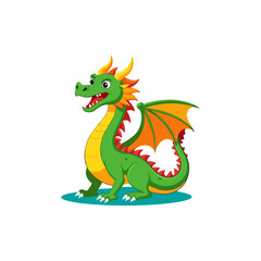 Obraz premium Friendly green dragon with orange wings and yellow horns, cute cartoon character for kids.