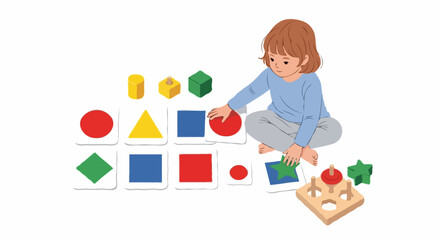 Obraz premium Little girl sitting on the floor, happily learning by playing a shape and color sorting game with cards and wooden blocks, with copy space
