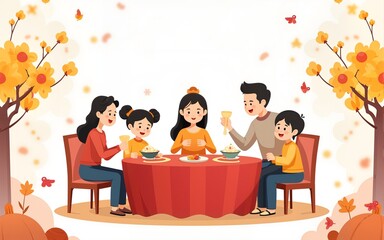 Chinese family at reunion dinner celebrate mid autumn festival, flat vector illustration isolated on white background. High quality