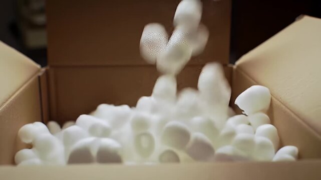 Filling a cardboard box with white polystyrene packing peanuts, product shipping and delivery