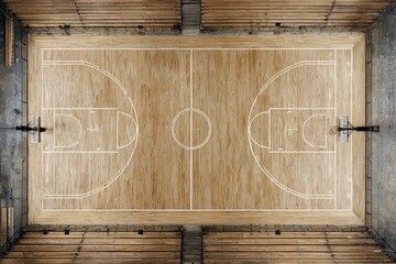 Overhead view of a pristine, light-brown hardwood basketball court within a rustic wooden structure, showing full court markings and two hoops