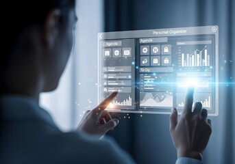 Cybersecurity concept with hacker in hoodie interacting with futuristic holographic interface displaying agenda and data analytics