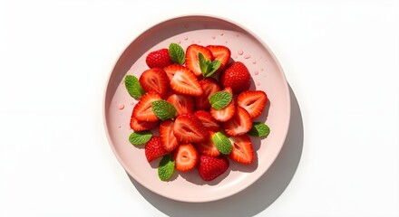 Pastel Pink Plate with Strawberries and Mint &mdash; Minimalist Food Photography
